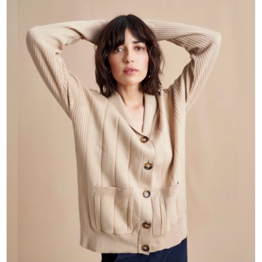 LA LIGNE New York Beige Ribbed Knit Shawl Collar Cardigan Cashmere‎ Sweater XS